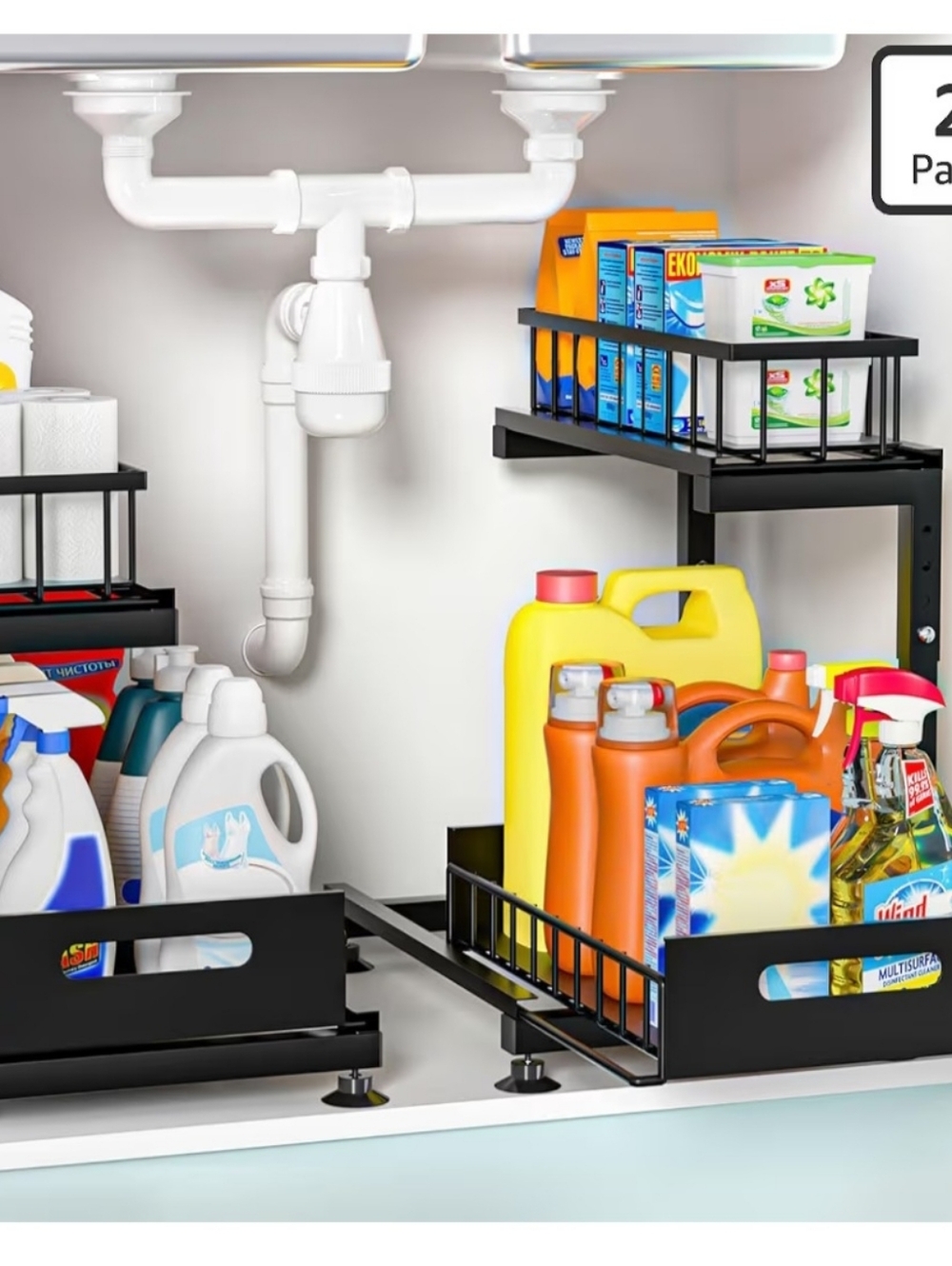 Under-Sink Slide-Out Storage Organizer Rack - Black (2 Pack)